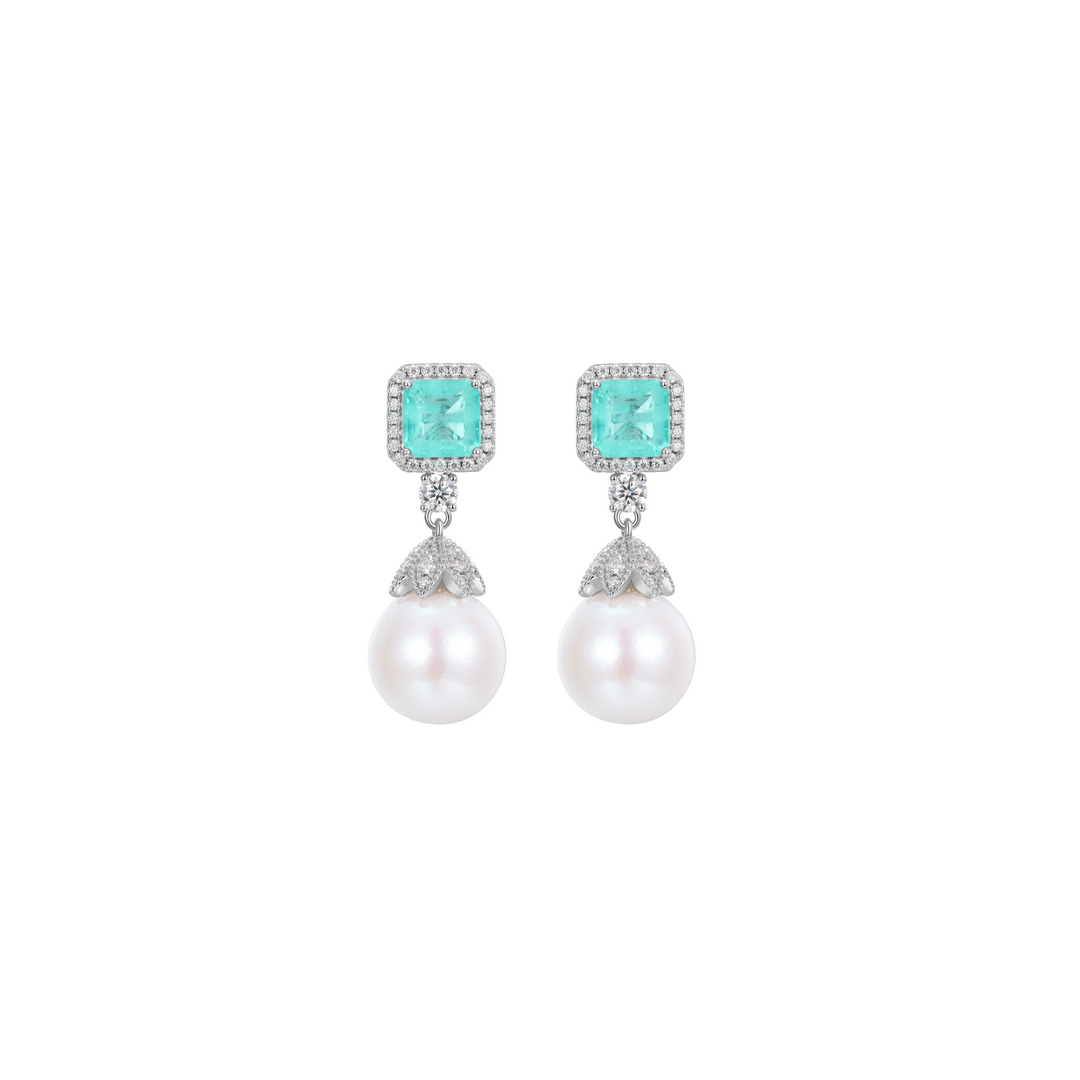 Freshwater 2 In 1 Drop and Stud Pearl Earrings with Paraiba Tourmaline and Moissanite