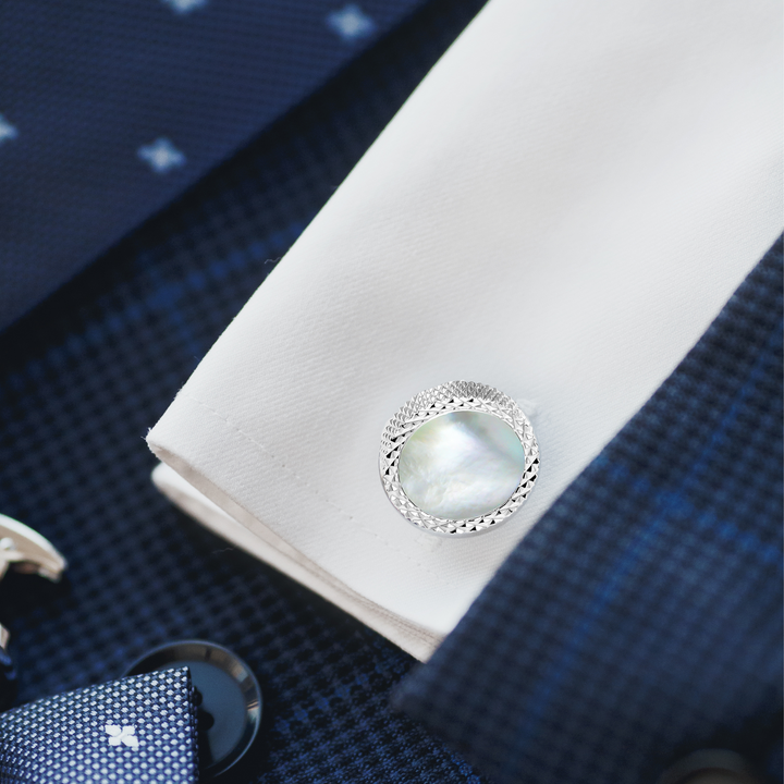 Men's White Mother of Pearl Round Cufflinks