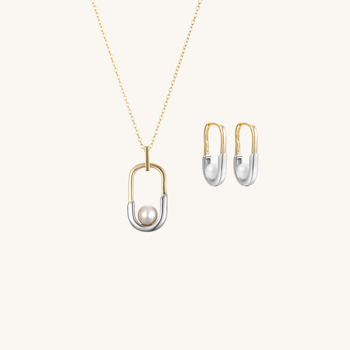 L'Amour Pearls Dual-Tone Oval Pearl Hoops and Necklace Set