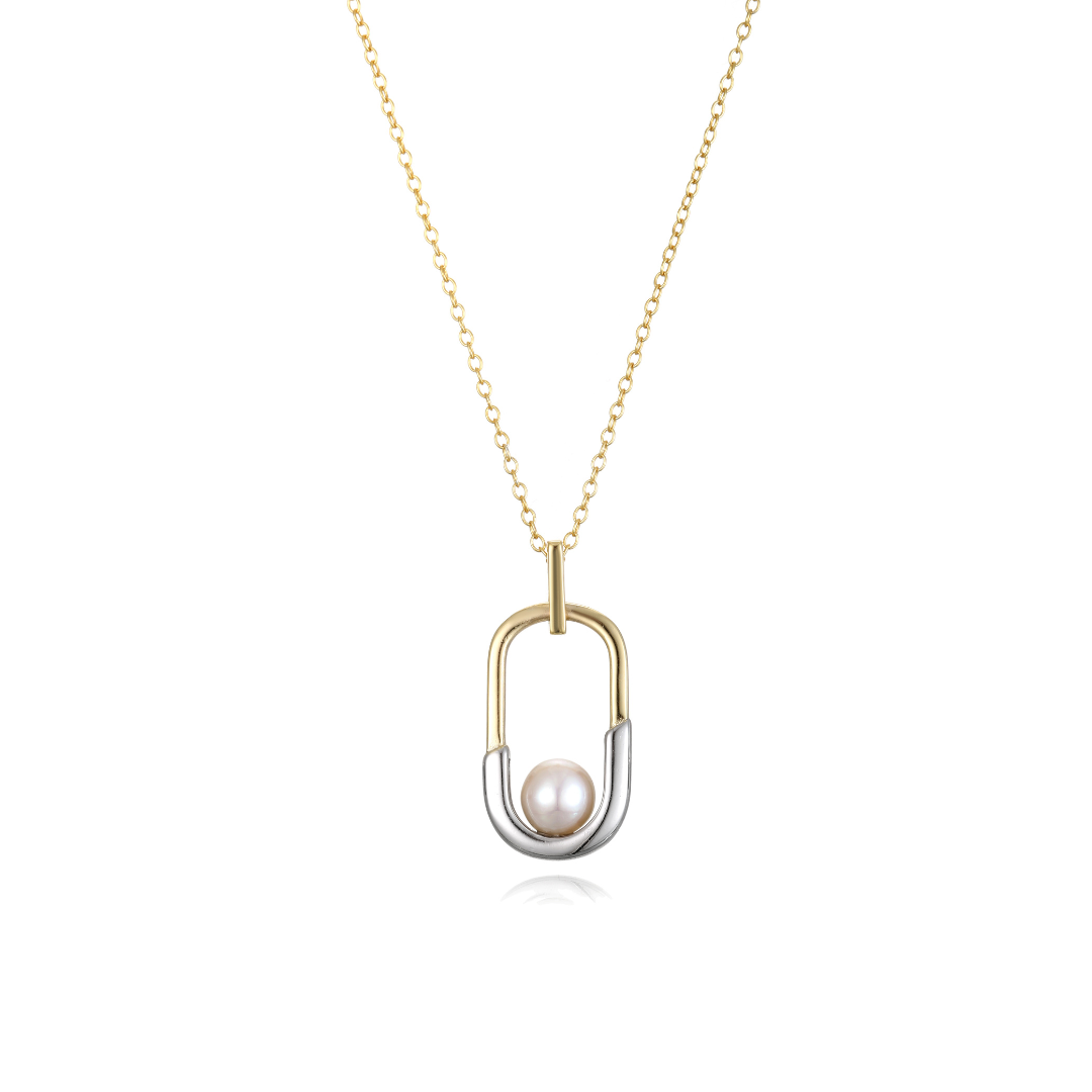 L'Amour Pearls Dual Tone Oval Pearl Pendant Necklace