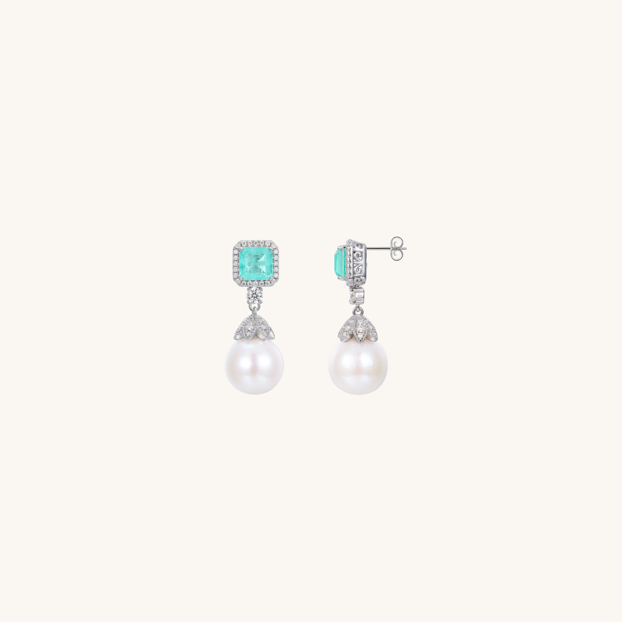 Freshwater 2 In 1 Drop and Stud Pearl Earrings with Paraiba Tourmaline and Moissanite