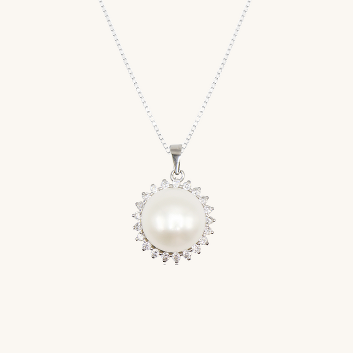 White Freshwater Pearl Halo Pendant with Sterling Silver Chain