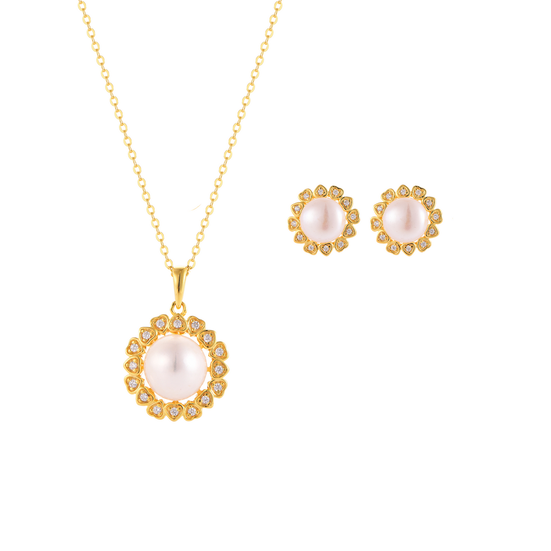 Gold Sunshine Pearl Necklace and Earrings Set