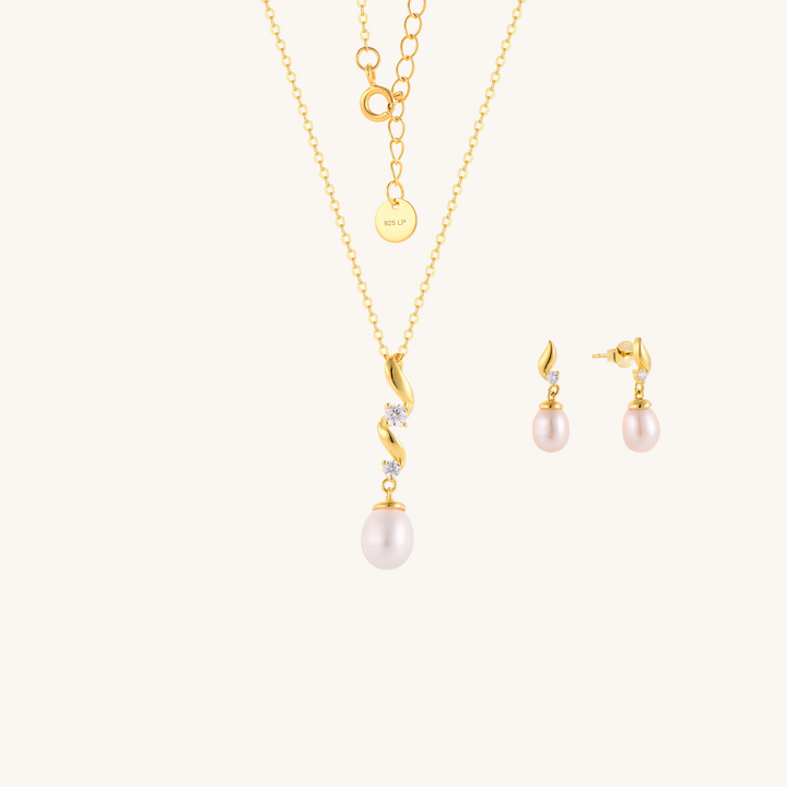 Zig Zag Gold Pearl Necklace and Earrings Set